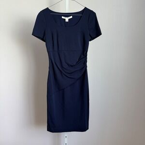 Diane von Furstenberg Navy Blue Ruched Sheath Dress Fitted‎ Career size 2 NWT
